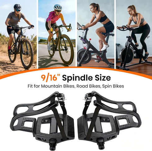 9/16'' 500lb Bike Pedals with Toe Cages for Regular or Clipless Shoes, Spindle, Compatible with Mountain Road Bikes