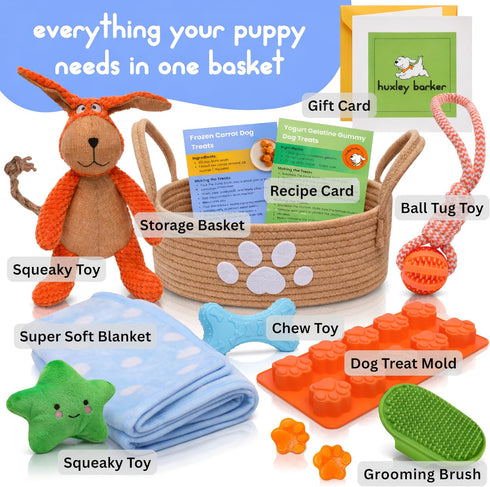 Premium Puppy Starter Kit - New Puppy Gift Basket with Essentials, Toy Box, Treat Tray, Training Supplies, Chew
