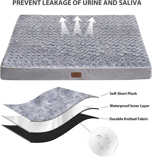 WNPETHOME Orthopedic X Large Dog Bed - Soft Rose Plush Waterproof Crate Bed with Removable Cover, Grey (42 x 30 x 4