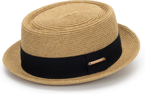 Women's 1920s Pork-Pie Sun Hat, Summer Straw Fedora Beach Hat with Band (M/L)