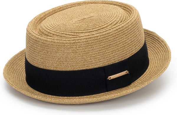 Women's 1920s Pork-Pie Sun Hat, Summer Straw Fedora Beach Hat with Band (M/L)