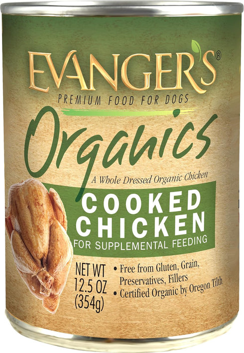 Evanger's Grain Free Organic 100-Percent Cooked Chicken for Dogs - 12.8 Ounce Can, Pack of 12