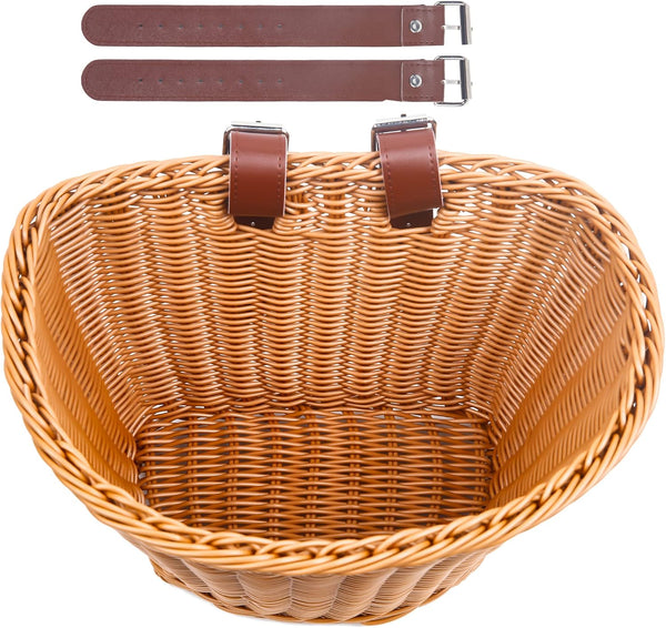 Woven Plastic Bike Baskets, Front D-Shaped Bicycle Basket with 2 Adjustable Leather Straps