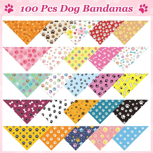 100 Set (19.7 13.8 13.8 Inch) Abbylike Pcs Paw Print Dog Bandanas Bulk Soft Triangle Kerchief Bibs Scarf for Pets Dogs