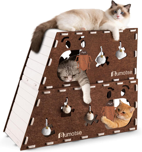 Bumotse 2-Story Large Cat Condo for Indoor Cats with Catnip Toy, Felt Cat