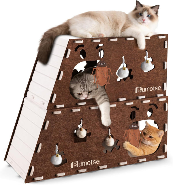 Bumotse 2-Story Large Cat Condo for Indoor Cats with Catnip Toy, Felt Cat