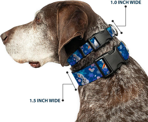 Buckle-Down Plastic Clip Collar - Frozen Olaf Poses/Snowflakes Blues - Large, 1" Wide, Fits 15-26" Neck