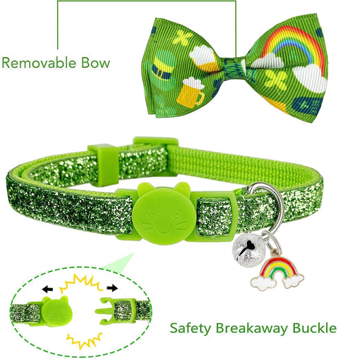 Pohshido 2 Pack St. Patrick's Cat Collar with Bow Tie and Bell, Breakaway Lucky Irish Shamrock Collar for Male and