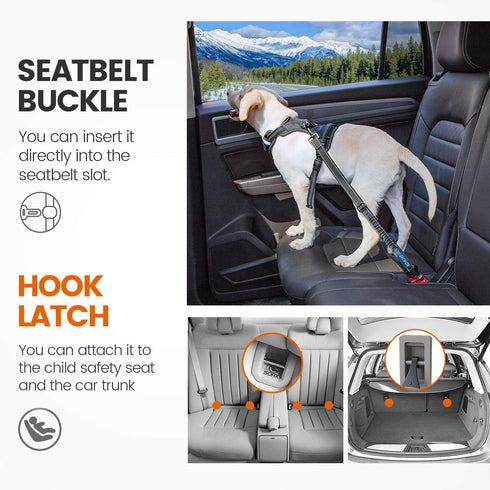 IOKHEIRA Updated Adjustable Dog Seatbelt, Reflective Bungee Car Seat Belt with Rotatable Carabiner, Hook & Buckle