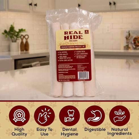 9-10 Inch 20 Count Real Hide | All Natural Dog Chew Treats - Premium Rawhide Rolls, - Long Lasting Grass Fed Free Range