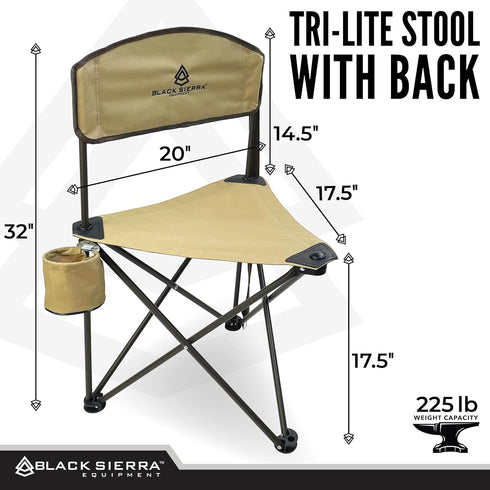 225 LBS Black Sierra Tri-Lite Stool with Back Lightweight, Folding Chair, for in the Hunting Blind, Camping
