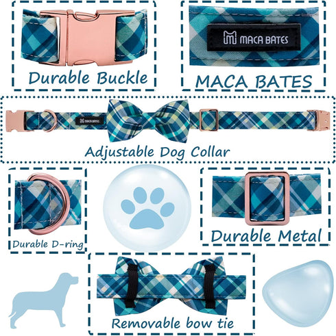 Maca Bates Blue Checkered Dog Collar with Bow Bowtie for Dogs Bows Tie Grid Summer Plaid Adjustable Breakaway Collars Accessories Birthday Gift for Small Medium Large XL Girl Boy Puppy Pets