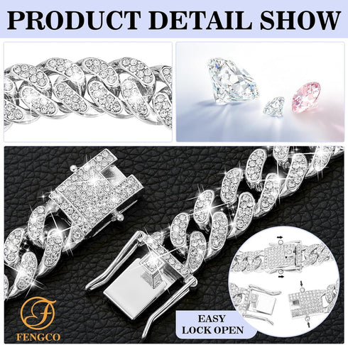 Silver Dog Chain Collar Diamond Cuban Link Dog Collar 13mm Wide Dog Necklace Metal Cat Chain Pet Crystal Collar Jewelry Accessories for Small Medium Large Dogs Cats(16inch)