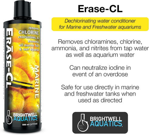 Brightwell Aquatics Erase-Cl - Water Conditioner Removes Chlorine, Chloramines & Ammonia in All Marine and Freshwater Aquariums