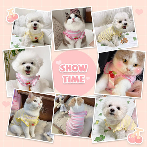 2 Pack Striped Small Dog T Shirt Cute Cherry Girl Dog Clothes for Small Dogs Cats Breathable Soft Cotton Pet Puppy Sleeveless Vest Spring Summer Doggy Outfits(Pink+Yellow,Medium)