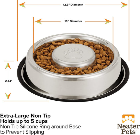 Neater Pet Brands Stainless Steel Slow Feed Bowl, Non-Tip & Non-Skid, 5 Cup for Dog Food Gulping