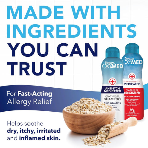Set Set 2 TropiClean Oxymed Medicated Cat & Dog Shampoo and Conditioner for Itchy Skin, Skin Soothing Oatmeal Shampoo