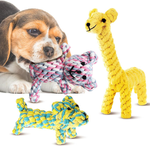SunGrow Cotton Rope Knot Puppy & Ferret Toys, 3 Pieces, Tough Teething Chewable Teddy Bear, Giraffe, Dog, Multicolor