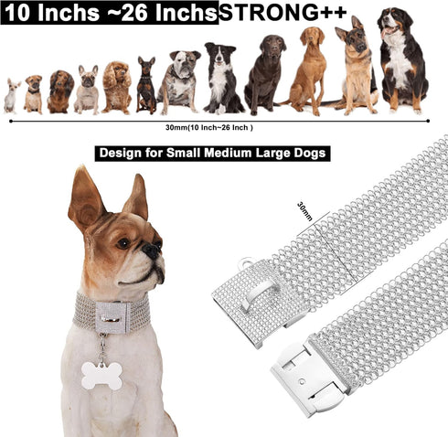 Dog Chain Collar Necklace 18K White Gold Plated Stainless Steel with Bling CZ Design Secure Buckle (30MM, Silver, 20")