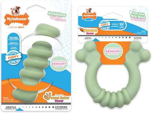 Nylabone Sensory Material Puppy Chew Toys Bundle, Allergen-Free Peanut Butter and Chicken Flavor, Small/Regular (2