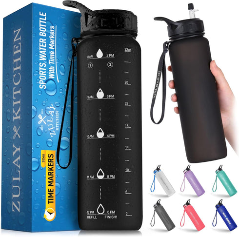 Hydration Nation 32oz Water Bottle with Time Marker - Leak Proof Water Tracker Bottle with Straw for Fitness & Sports