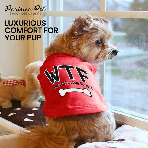 Parisian Pet Dog Tshirt, Embroidered “WTF (Where’s The Food)” Lightweight Cotton Tank Top for Large Dogs - 2XL