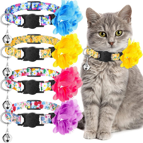 Weewooday 4 Pcs Spring Cat Collars for Girls, Adjustable Floral Collars with Bell for Holiday Party and Daily
