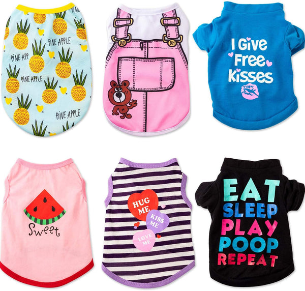 SATINIOR 6 Pcs Dog Clothes - Printed Puppy T-Shirts, Cute Cotton Apparel for Small Medium Dogs, Summer Christmas (XS)