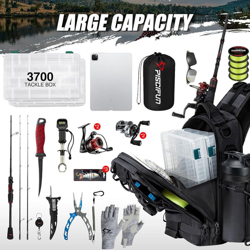 Piscifun Fishing Tackle Backpack with Rod & Gear Holder, Lightweight Water-Resistant Storage Bag