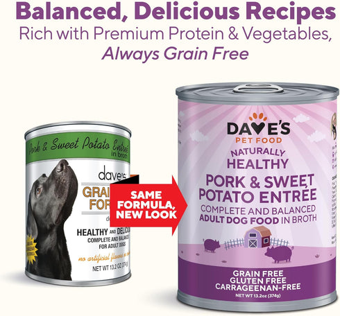 Dave's Pet Food Grain Free Wet Dog Food, Pork & Sweet Potato in Broth, 13.2 oz Cans, Case of 12, Made in Canada