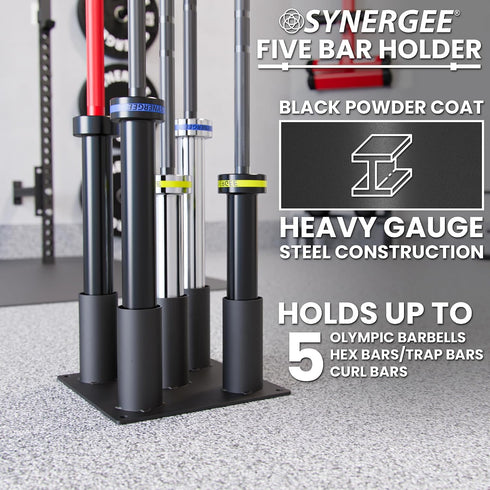5 Commercial, 5 Synergee Barbell Holder Storage & Organization for Home, & Garage Gyms. Holds Bars, EZ Curls, Hex Bars.