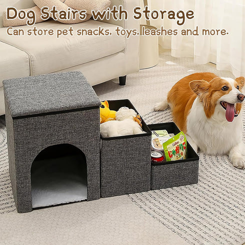 Fhiny 3-Step Dog Stairs with Storage, Non-Slip Foldable Pet Steps for Small Dogs, Grey, Holds up to 160 lbs
