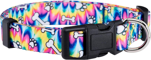 Native Pup Tie Dye Dog Collar, Paws and Bones Hippie Tiedye for Large Dogs