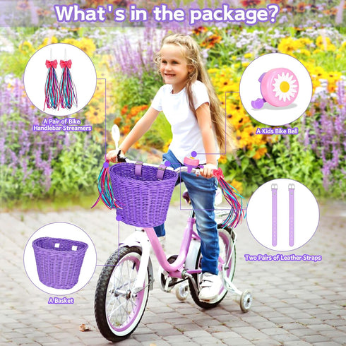 Kids Bike Basket Set - Handwoven Bike Baskets for Children with Spare Leather Straps and Bell, Easy Install