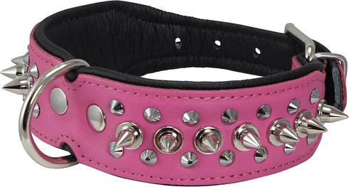 Dogs My Love Spiked Studded Genuine Leather Dog Collar, 1.75" Wide (14"-17" Neck; 1.75" Wide, Pink/Black)