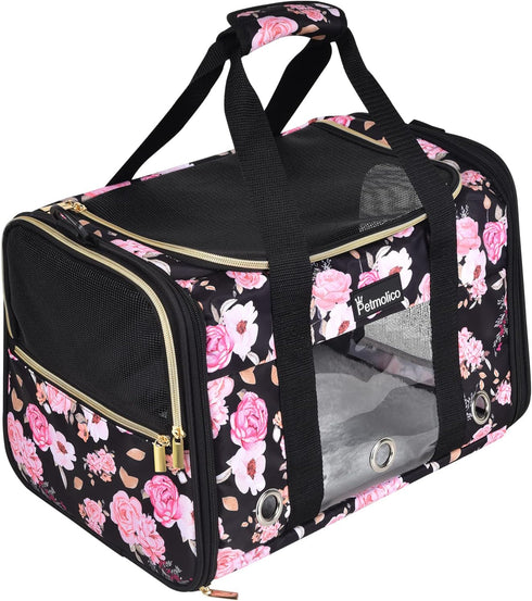Petmolico Airline Approved Cat and Dog Carrier, Soft Travel Carrier with 3 Open Doors and Mesh Windows for Pets 16 lbs