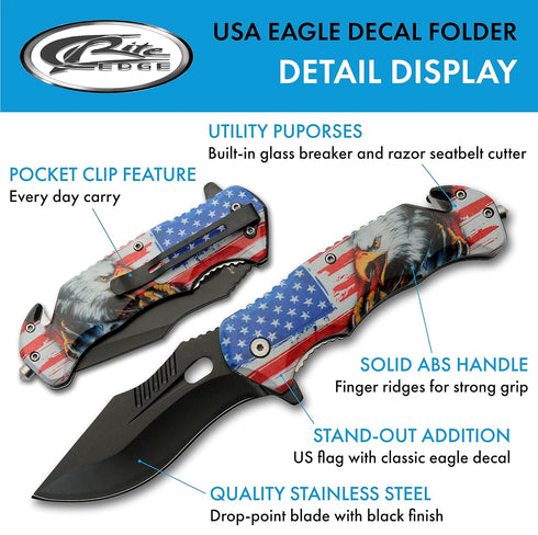 SZCO Supplies 300565 USA Eagle Decal Liner Lock Assisted Open Tactical Rescue Professional Folding Knife, Multi-Colored, 8" Length