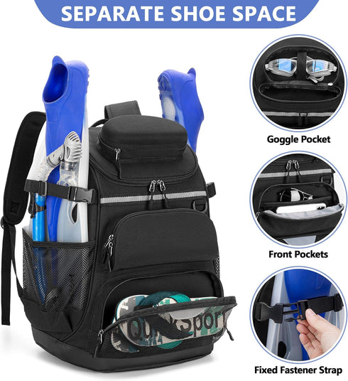 Swim Backpack with Separate Shoe Space, Swim Gear Bag for Swimming Pool and Beach, Black Sports Backpack