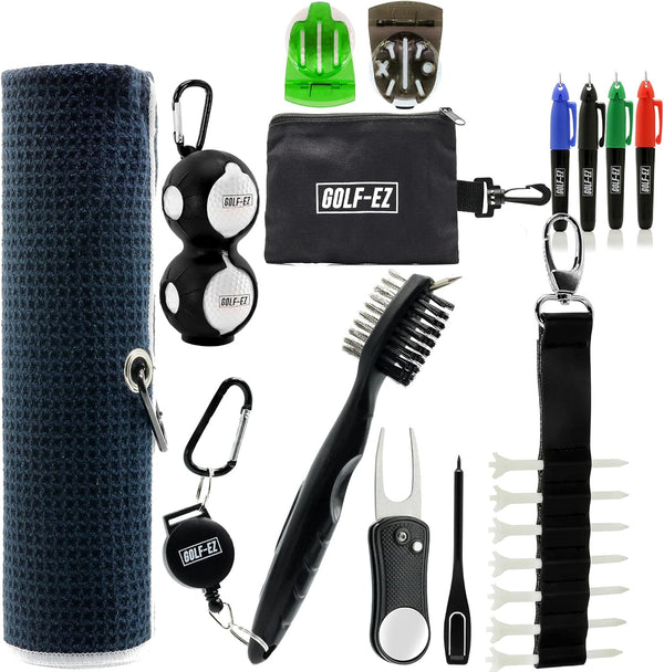 Golf Essentials Kit, Includes Towel, Cleaning Brush, TRI-LINE Ball Alignment Kit, Divot Repair Tool, Ball & Tee Holder
