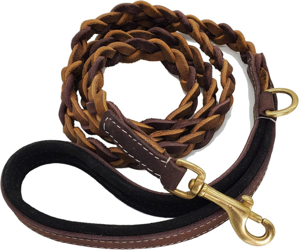 Blazing Paws Vibrania Super Soft Braided Leather Dog Leash, Heavy Duty with Side Ring, 6 Ft L x 3/4" W, Brown Mix