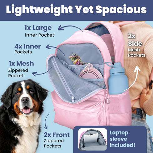 Backpack 2 Dog Travel Bag for Supplies - Complete Dog Diaper Bag with BPA-Free Travel Bowls, Treat Pouch, Food