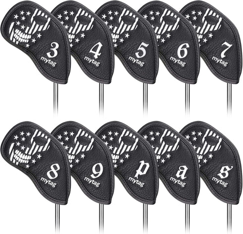 mytag Golf Skull Skeleton Head Cover - Black Leather Headcovers Set for Driver, Fairway Wood, Hybrid, Putter