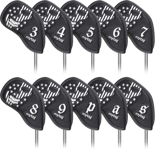 mytag Golf Skull Skeleton Head Cover - Black Leather Headcovers Set for Driver, Fairway Wood, Hybrid, Putter