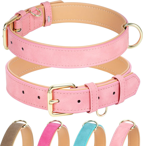 Soft Padded Leather Dog Collar for Small Medium Large Dogs, Durable & Comfortable with Heavy Duty Gold Buckle, Pink, S