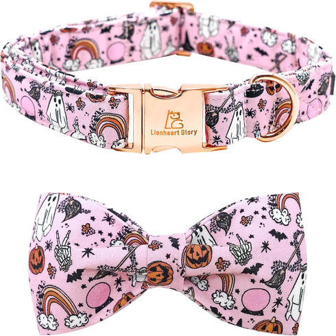 Lionheart Glory Fall Dog Collar, Adjustable Pink Bowtie Pumpkin Collar for Small Dogs Puppy