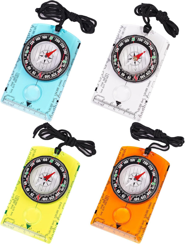 RLXMARTD 4 Pcs Outdoor Compass with Adjustable Declination,Magnifier,Ruler,Scale. Multifunctional Orienteering Waterproof Compass for