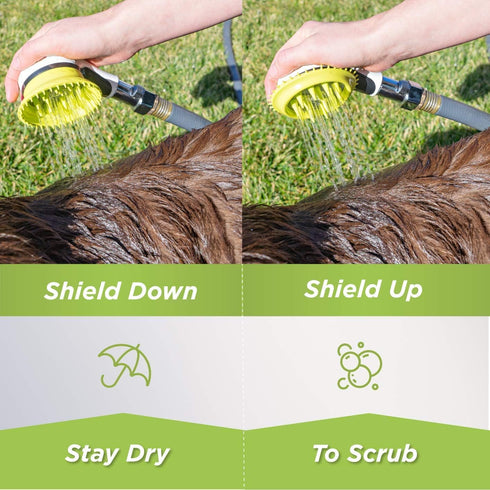 Outdoor Dog Wash Nozzle for Bathing, Quick Paw Rinses, Splash Shield Handle, Rubber Grooming Brush, Metal Connection