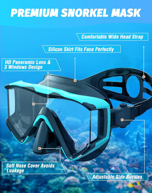 Greatever Snorkel Set Adult, Pano 3 Window Snorkel Mask, Anti-Fog Scuba Diving Mask, Dry Top Snorkel Goggles