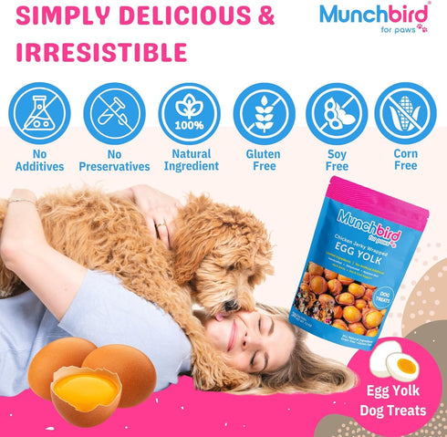 7 oz, 2030 Munchbird Dehydrated Chicken Jerky Wrapped Egg Yolk Dog Treats, high-Protein Dog Food Topper with no