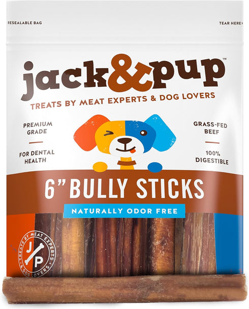 Jack&Pup 6" Bully Sticks 12 Pack for Dogs | Premium Odor Free Beef Pizzle Sticks for Large Dogs | All Natural
